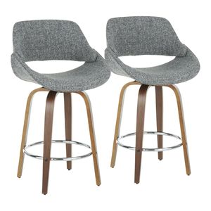 Set of <b>2</b> Mid Century Modern Counter <b>Stools</b> Fabrico in Walnut and Grey Noise Fabric by <b>Bar</b> <b>Stools</b> - Product Image 1