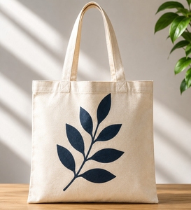 Minimalist Leaf Print Cotton Canvas <b>Tote</b> <b>Bag</b> Eco Friendly Cream Large Capacity Women <b>Navy</b> Shoulder Handbag Reusable - Product Image 1
