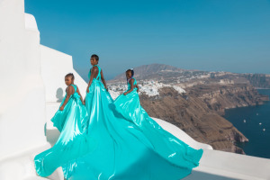 Vestido de lujo turquesa con vuelo, vestido de Santorini con vuelo, vestido para sesión de fotos, vestido de seda con cola larga, vestido de satén con vuelo para playa - Product Image 3