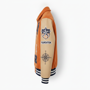 Veste universitaire orange pour homme avec motifs brodés, col rabattu, style preppy, vêtement d'automne - Product Image 4