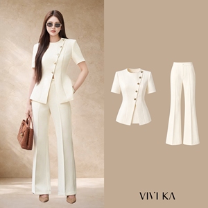 Women's Elegant for Two Piece Suit <b>Set</b> Short Sleeve <b>Blazer</b> Flared Pants Solid Color O-Neck Regular Fit Button Anti-Pilling PANSY - Product Image 1