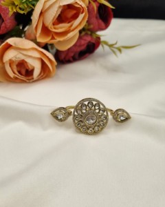 Elegant Two Finger Floral Design Kundan Gemstone <b>Ring</b> Antique Gold Plated For Women <b>Adjustable</b> <b>Ring</b> Festival Partywear Wholesale - Product Image 1