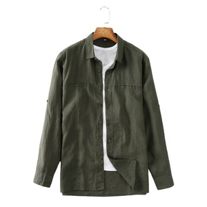 Chemises 100 % lin gris, neuves, personnalisées, unies pour garçons et hommes, chemises décontractées vert foncé à manches longues, motif uni - Product Image 3