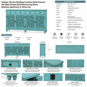 Custom Handcrafted Eco-Friendly Antique Turquoise Solid Mango Wood Palm Tree Carved <b>Sideboard</b> <b>Storage</b> Cabinet 4 Drawers 4 Doors - Product Image 6