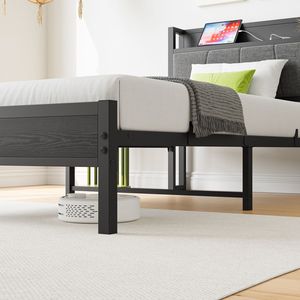Twin Size <b>Bed</b> Frame with Storage Headboard Up-Holstered & Charging Station Solid & Stable No Box Spring Needed <b>Easy</b> Assembly - Product Image 4