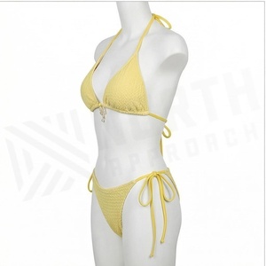 Yellow Textured <b>Bikini</b> <b>Set</b> With Pearls Halter Top And Tie Side Bottom Women Swimwear - Product Image 3