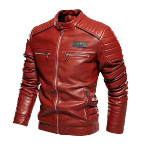 KADIA Men's Red PU <b>Leather</b> Moto <b>Jacket</b> Stand Collar Zipper Closure Slim Fit Biker Style Autumn Wear - Product Image 1