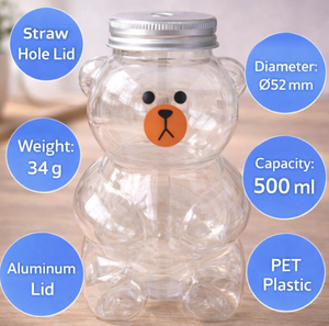 Jarra de Plástico PET de Alta Calidad de 500 ml con Forma de Oso, Tapa de Aluminio, Diseño de Logotipo con Impresión Digital, Orificio para Pajita, Disponible en Stock, Fábrica en Vietnam - Product Image 1