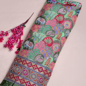 Royal Elephant Motif Silver <b>Sequined</b> Peacock Palm Tree Floral Scallop Arches Jharokha <b>Art</b> Design Geometric <b>Sequined</b> Border Crepe - Product Image 1