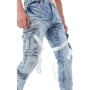 กางเกงยีนส์ทรงสกินนี่สไตล์ฮิปฮอปสำหรับผู้ชาย ทรงเข้ารูป สายรัดเอว ผ้าเดนิม สตรีทแวร์ลำลอง - Product Image 6