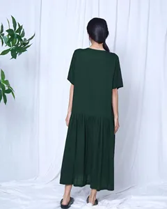 Women Boho Green V-Neck Linen Midi <b>Dress</b> With Short Sleeve <b>Loose</b> Fit Button Front Casual Daily Wear - Product Image 5