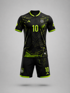 Ensemble d'uniformes de football personnalisés pour hommes, noir et vert fluo, col en V uni, manches courtes, 100 % polyester, respirant et anti-humidité - Product Image 2
