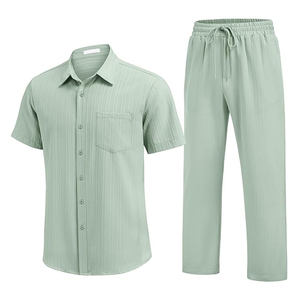 Ensemble décontracté d'été 2 pièces : chemise texturée à manches courtes boutonnée et pantalon à taille élastique avec cordon de serrage |   Fournisseur d'ensembles décontractés - Product Image 4