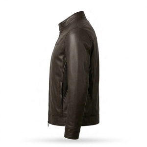 Dark Brown Real Cowhide <b>Leather</b> <b>Cafe</b> <b>Racer</b> <b>Jacket</b> Men Stand Collar Zip Up Biker Outerwear Coat Wholesale Manufacturer - Product Image 4