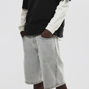 Men's Light Grey Denim Shorts Mid Waist <b>Elastic</b> Closure Casual Style With Pockets Breathable Cotton Fabric - Product Image 3