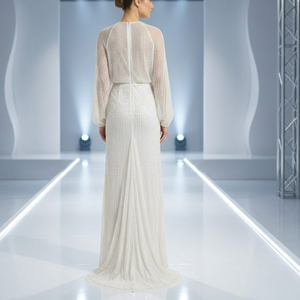 Women White <b>Sequin</b> Evening Gown | High Neck Long Sleeve Side Slit Party Dress | Luxurious Wedding Wear India 2026 Export Quality - Product Image 2