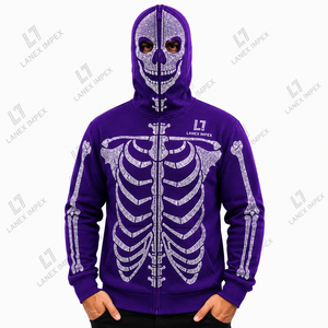 Men’s Purple Rhinestone Skeleton Hoodie <b>Jacket</b> with Full Zip Balaclava Mask Crystal Skull Bone Design <b>Gothic</b> Hip Hop Streetwear - Product Image 2