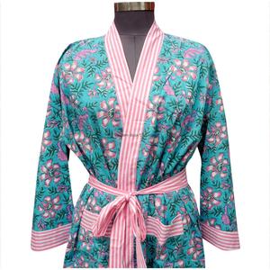 Robe longue de plage kimono bohème décontractée pour femme, 100 % coton, col en V, avec ceinture, imprimé floral - Product Image 3