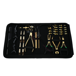 Wholesale Gold Hair Extension <b>tools</b> Set 2 Hole Bead Crimper Tape In Applicator Pulling Hook Threading Loop Sectioning Clips - Product Image 1