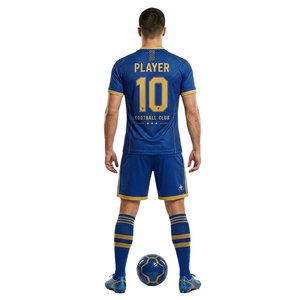 Modern Football Club Uniform Set Blue Jersey with Gold Trim and Matching Shorts <b>Performance</b> <b>Wear</b> for Training Matches and Sports - Product Image 4