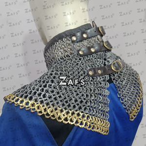 Gorget en maille de fer doux avec anneaux en laiton, collier médiéval de évêque ou de chevalier pour cosplay, reconstitution historique, costume de foire - Product Image 3