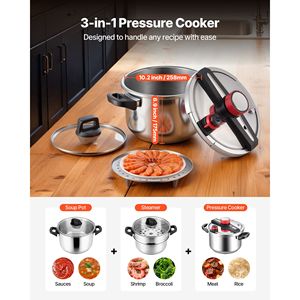 Pentola a Pressione in Acciaio Inox da 10Qt con Coperchio in Vetro Temperato, Griglia per Cottura a Vapore, Compatibile con Fornelli a Induzione, Tre Livelli di Pressione - Product Image 2