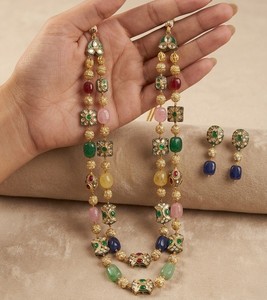 Luxury Multicolor Gemstone Long Necklace <b>Earrings</b> <b>Bracelet</b> <b>Set</b> Gold Plated Kundan Polki Beaded Statement Wedding Jewelry for - Product Image 2