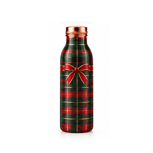 Bouteille d'eau en métal à carreaux rouges et verts avec couvercle en cuivre et nœud rouge, gourde de voyage portable - Product Image 1