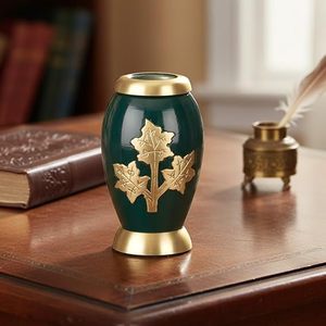 Teardrop Ceramic Pet <b>Urn</b> Green with Gold Leaf Design Airtight Classical Style for Dogs - Product Image 1