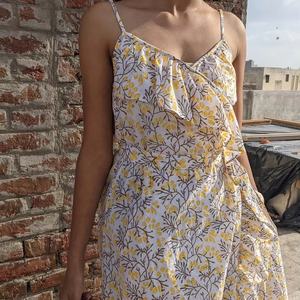 Robe longue en coton indien imprimée à la main, col en V, sans manches, robe imprimée en coton indien pour femmes - Product Image 1