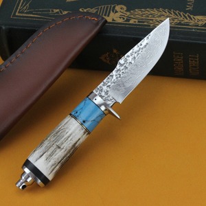 มีดสกินเนอร์เหล็กดามัสกัสแบบสั่งทำพิเศษ ด้ามเขาสัตว์ ใบมีดแบบ Fixed Blade ปลายแหลมตรง พร้อมปลอกหนัง - Product Image 4