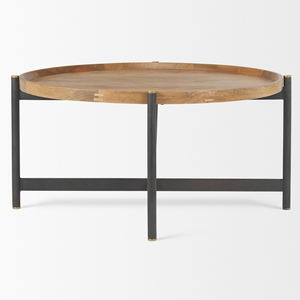 Table basse de salon en bois de manguier massif, ronde, pliable, fabriquée à la main en fer et en bois, avec finition naturelle et noire - Product Image 3