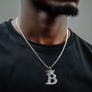 Collier pendentif lettre B plaqué or style Hip Hop, micro-pavé de zircone, avec chaîne corde couronne - Product Image 2