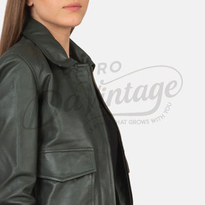 Premium Women Dark Green Real <b>Leather</b> Bomber <b>Jacket</b> Classic Shirt Collar Slim Fit Soft Sheepskin Casual Flight Coat - Product Image 5