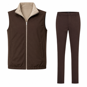 Custom Men's Brown Sleeveless <b>Zip</b> Vest & Chino Pants Set | OEM Private Label Apparel Manufacturer Gilet Vest Bodywarmer & Pant - Product Image 1