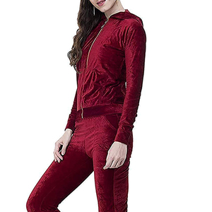 Survêtement à capuche en velours rouge pour femme, manches longues, fermeture éclair sur le devant, couleur unie, tenue décontractée d'hiver avec poches latérales à la cheville - Product Image 6