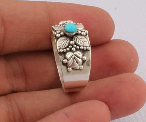 Wholesale 925 Sterling <b>Silver</b> Natural Turquoise Bezel Setting Classic Wedding Party Floral Leaf Motif Wide Band <b>Statement</b> <b>Ring</b> - Product Image 1
