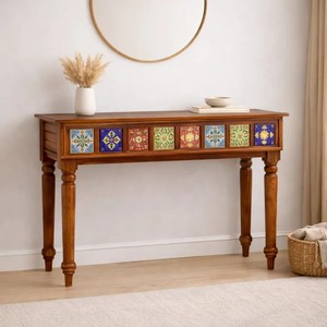 Traditional Solid Wood <b>Console</b> <b>Table</b> | Vintage Turned Leg Wooden <b>Console</b> <b>Table</b> | Hand Painted Tile Accent Entry <b>Table</b> - Product Image 1