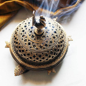 Antique brass dhoop incense <b>burner</b> stand with a long carved <b>side</b> handle for pooja, available at wholesale prices. - Product Image 2