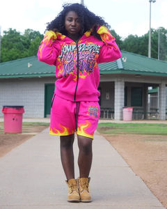 Ensemble personnalisé veste zippée et short, survêtement vintage délavé à l'acide avec fermeture éclair, ensemble sweat à capuche zippé et short de jogging orné de strass et imprimé DTG - Product Image 2