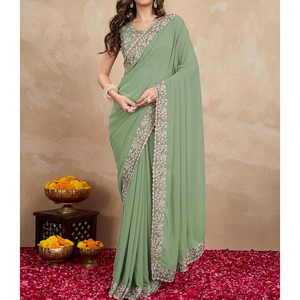 Sari pour femme personnalisé avec broderies de luxe, bordures décoratives, options de couleurs personnalisées et style sophistiqué pour les tenues ethniques - Product Image 5