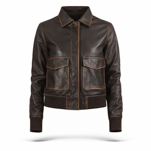 Chaqueta de Aviador de Cuero Genuino Marrón Oscuro al por Mayor, Resistente al Viento e Impermeable, con Cuello Clásico y Dobladillo Acanalado, para Otoño e Invierno, OEM ODM - Product Image 1