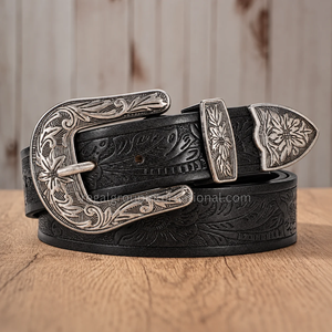 Cinturón Infantil de Cuero Negro Hecho a Mano con Hebilla Plateada Grabada con Flores, Estilo Vaquero Occidental para Niños y Niñas, Venta al Por Mayor - Product Image 3