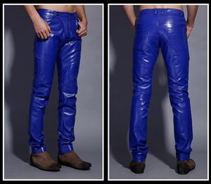 Pantalones de moto casuales de invierno para hombre, azul real, con revestimiento de cuero, corte recto, cierre de cremallera, cintura media, bolsillos, tejido ligero de punto - Product Image 3
