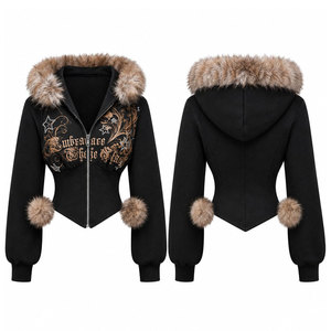 Sweat-shirt à capuche noir pour femme avec bordure en fausse fourrure et broderie sur le devant, style punk, vêtements d'hiver, sweat-shirt court - Product Image 1