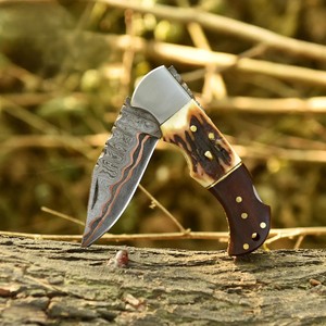 Nordic Forge Copper Damascus Steel Industrial Grade Folding <b>Knife</b> Back <b>Lock</b> STag & Rosewood Handle Pocket Clip Sheath OEM EDC - Product Image 3