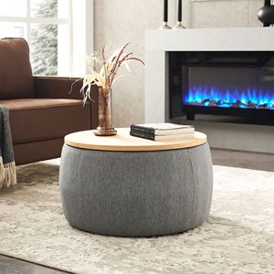 2 in 1 Function Round <b>Storage</b> Ottoman Dark Grey <b>Stool</b> & End Table - Product Image 3
