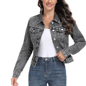 Veste en jean de qualité supérieure pour femmes, manches longues, col rabattu, coton lavé, longueur courte, fermeture à boutons, automne - Product Image 1