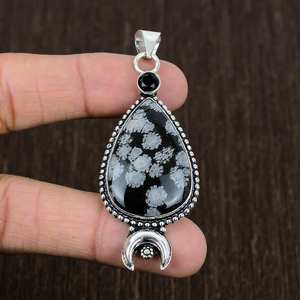 Colgante de Obsidiana Copo de Nieve, Plata de Ley, Luna, Estilo Boho, Collar de Piedras Preciosas Hecho a Mano, Regalo de Joyería para Mujer - Product Image 2