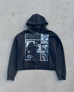 Men's <b>Black</b> <b>Zip</b>-<b>Up</b> <b>Hoodie</b> Crop Length Front Print Design Regular Fit Casual Autumn Wear 100% Cotton Knitted Fabric - Product Image 1